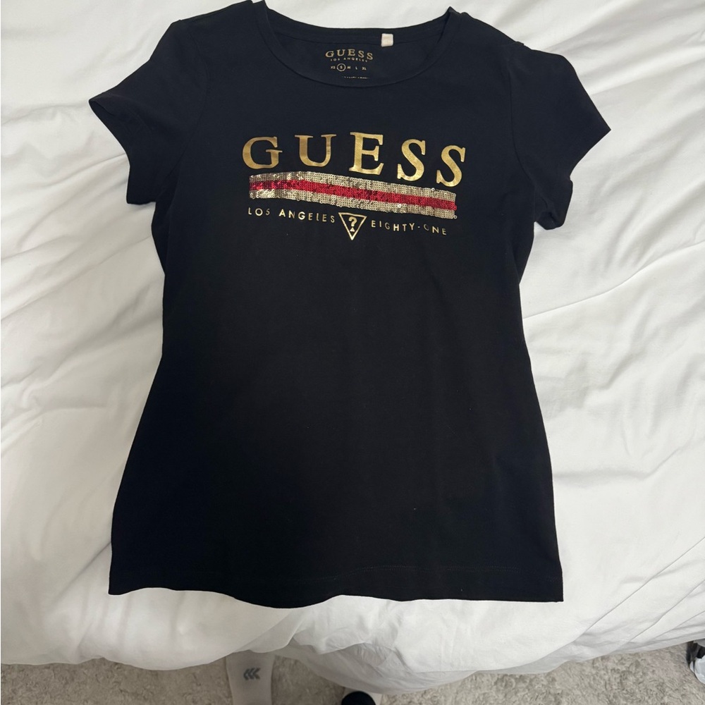 GUESS Women's Black Tee with Gold and Red Accents